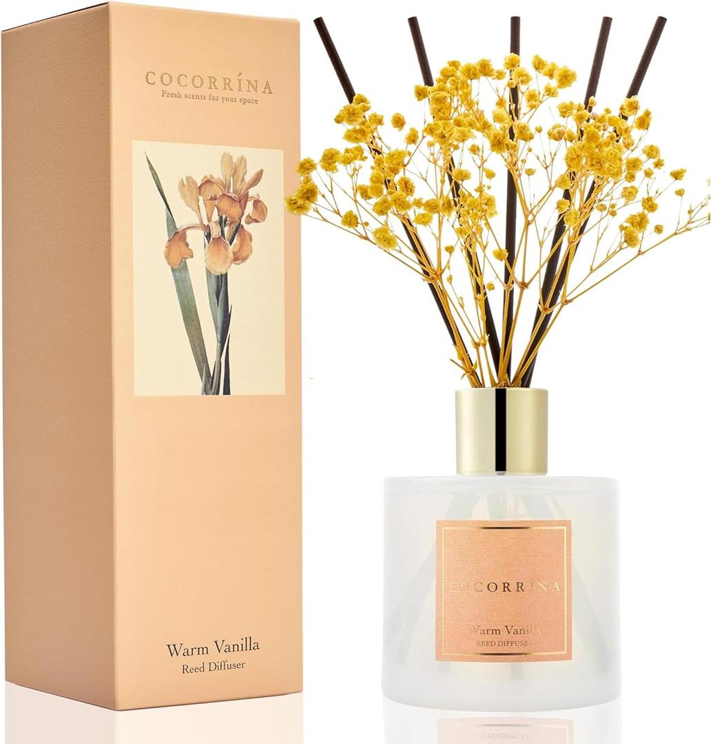 Cocorrna Reed Diffuser - Warm Vanilla Scented Diffuser with 8 Sticks Home Fragrance Reed Diffuser for Bathroom Shelf Decor (6.7 Ounce/1pack)