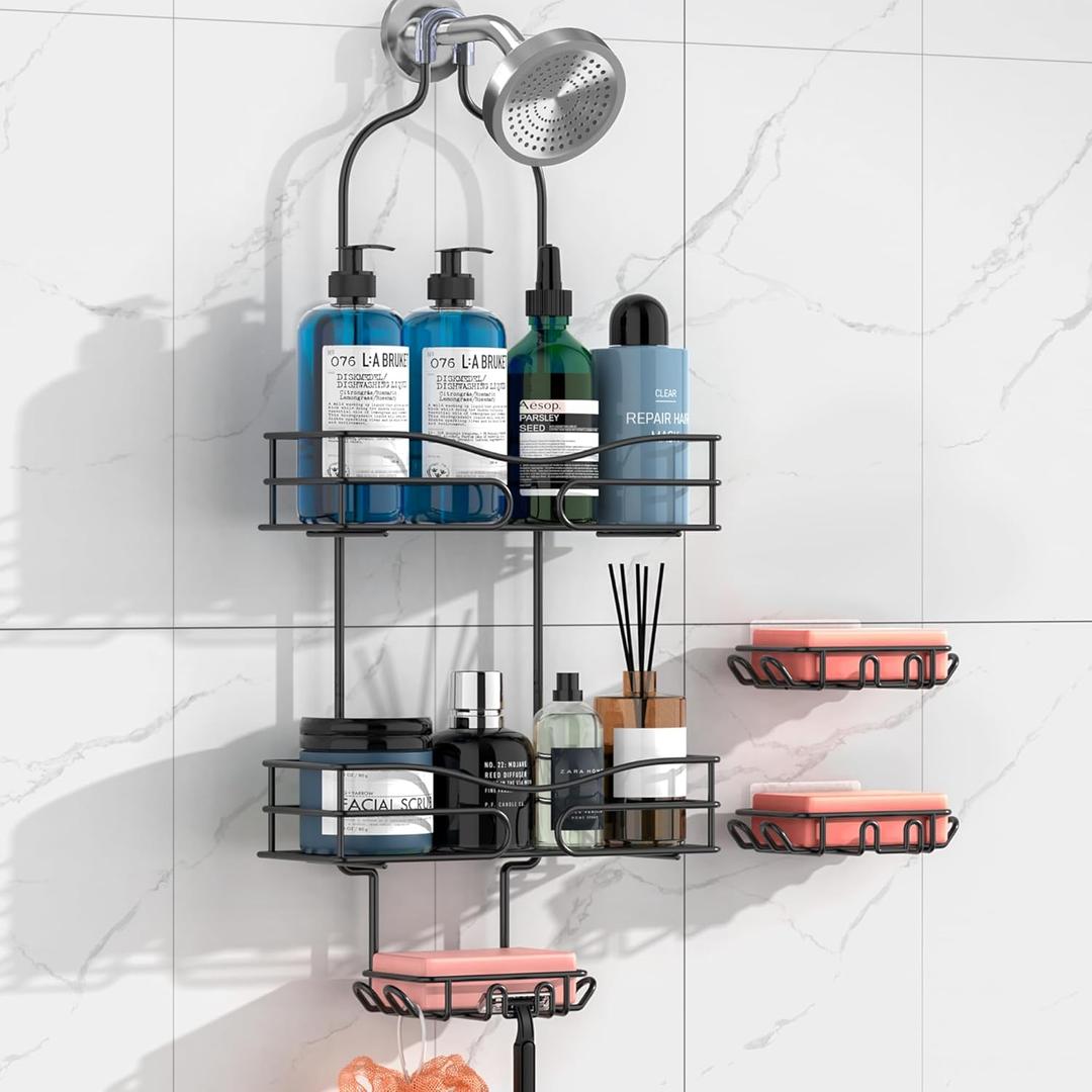 Anti-Swing Shower Caddy Hanging - 3 Soap Holders, Rustproof Shower Head Organizer Stainless Steel, Bathroom Organizers and Storage With Hooks & Razor Holder, Black