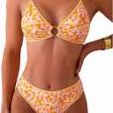 Tainehs Women's Two Piece Bikini Sets O Ring Front Top Ditsy Floral Triangle Swimsuits Cheeky Bathing Suit, Orange Flower Small