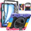 for Air 11 inch Case M3 2025 / M2 2024, Air 7th/6th Generation-with HD Screen Protector, 360 Rotating Kickstand/Hand Strap, Shoulder Strap, Pen Holder, Heavy Duty Military Grade- Kids Friendly (Black+Pink)