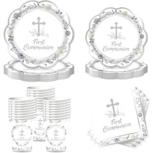 Rakuto First Communion Party Decorations, 100PCS First Holy 1st Communion Disposable Paper Plates and Napkins Table Decoration, God Bless Baptism Silver Floral Paper Cup Decor for Christening Church