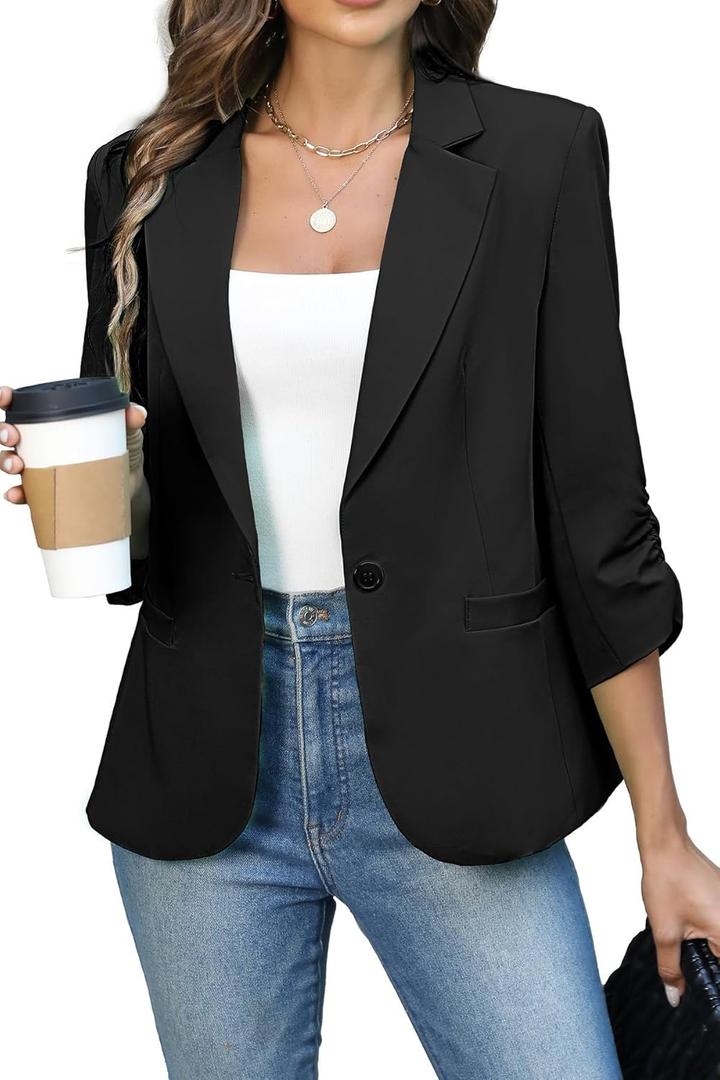 ELLEVEN Women's Ruched 3/4 Sleeve Blazers, Lightweight Slim Fit Jackets with Padded Shoulder for Business Casual (Large, Black)