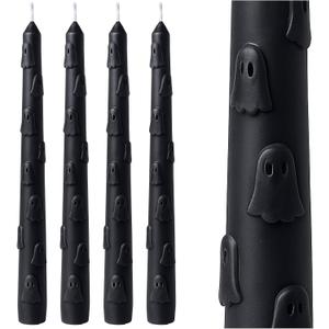 Nuanchu 4 Pcs Halloweens 3D Ghost Pattern Taper Candles 10 Inch Dark Black Long Tapered Candlesticks Candles Unscented, Smokeless, Dripless for Party Home Decor