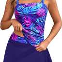 Womens Two Piece Tankini Bathing Suits with Skirt Tummy Control Swimsuits Ladies Swimwear (Large, Blue Purple Leaves)