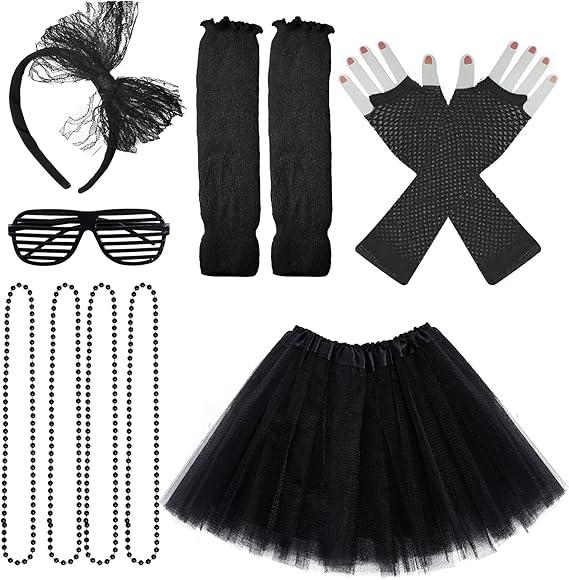 80s Costume Outfits Accessories for Girls Kids Tutu Skirt Leg Warmers Fishnet Gloves Shutter Glass Headband Necklace
