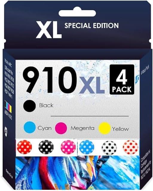 Compatible Ink Replacement for 910XL Cartridges. Works with HP OfficeJet Pro 8035e 8025e 8025 Inkjet Printer. 4 Pack Black, Cyan, Magenta, Yellow
