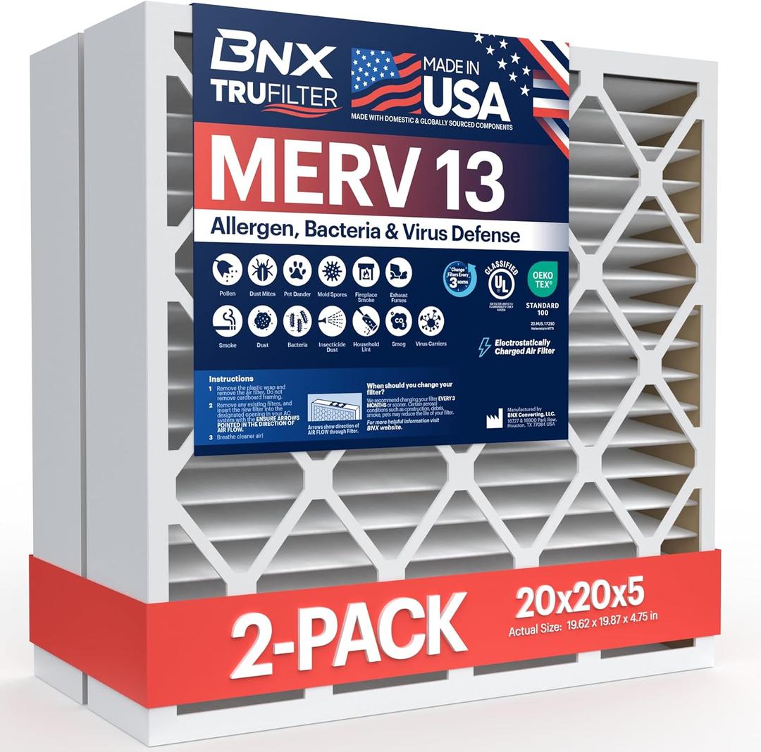 BNX TruFilter 20x20x5 (19.88 x 19.88 x 4.38 Honeywell Compatible 4) MERV 13 Air Filter (2-Pack) - MADE IN USA - HVAC AC Furnace Filters Health, Allergies, Mold, Bacteria, Smoke, MPR 1900 FPR 10