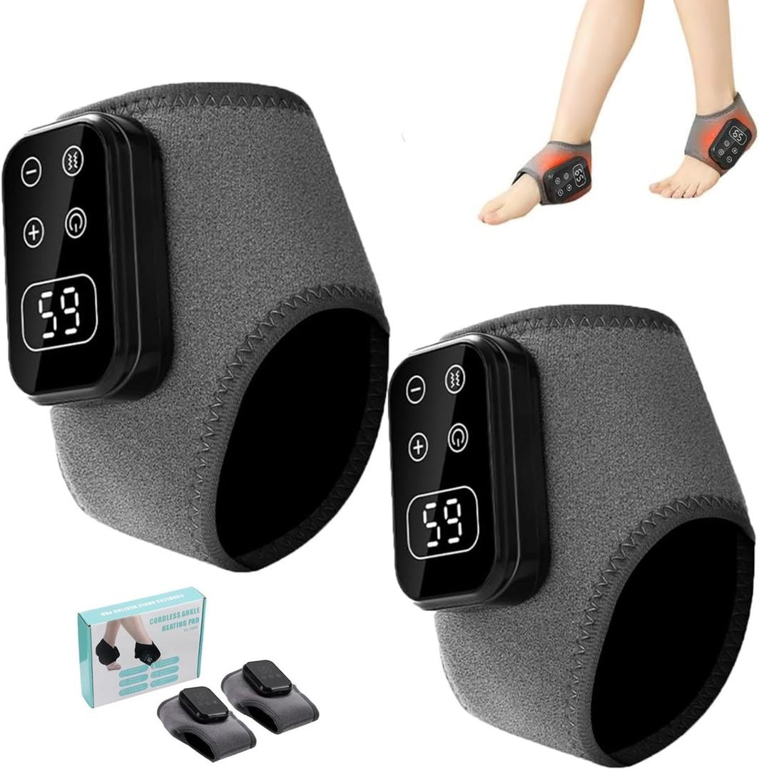 Foot Triple Method Massager, USB Rechargeable 3 in 1 Foot Massager, Ankle Heat Wrap Wireless Portable with 3 Vibration Mode, 5 Heat Leavel for Home Office Travel (Grey-1 Pair)