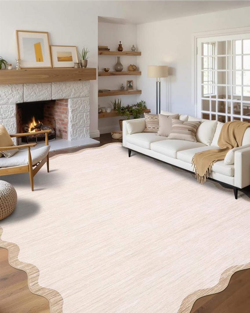 GarveeHome Scalloped Large Living Room Area Rug 6x9 - Machine Washable Modern Rugs Bordered Neutral Rug Non-Shedding Low Pile Farmhouse Carpet for Bedroom Nursery Classroom Dorm 6 ft x9 ft Beige