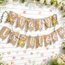 Baby in Bloom Baby Shower Burlap Banner, Flower Themed Baby Shower Decorations with Green Leaf String and Artificial petals and little Butterfly Decorations for Girls