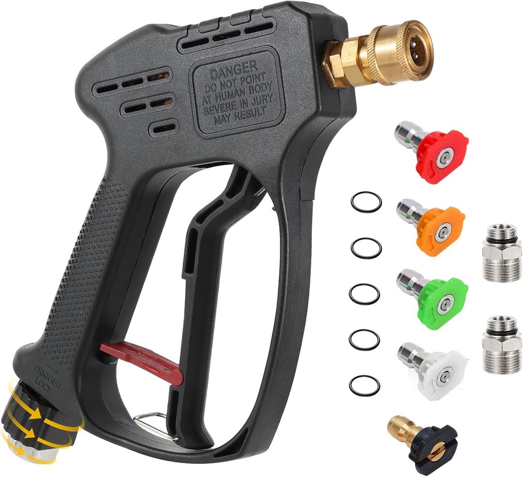 Short Pressure Washer Gun, 5000 PSI Max Swivel High Pressure Washer Handle with 5 nozzles, M22 14MM Swivel Connect & M22 15MM, Car Washer Extension Wand Power Washer Gun for Driveway, Yard, Fence (Black)