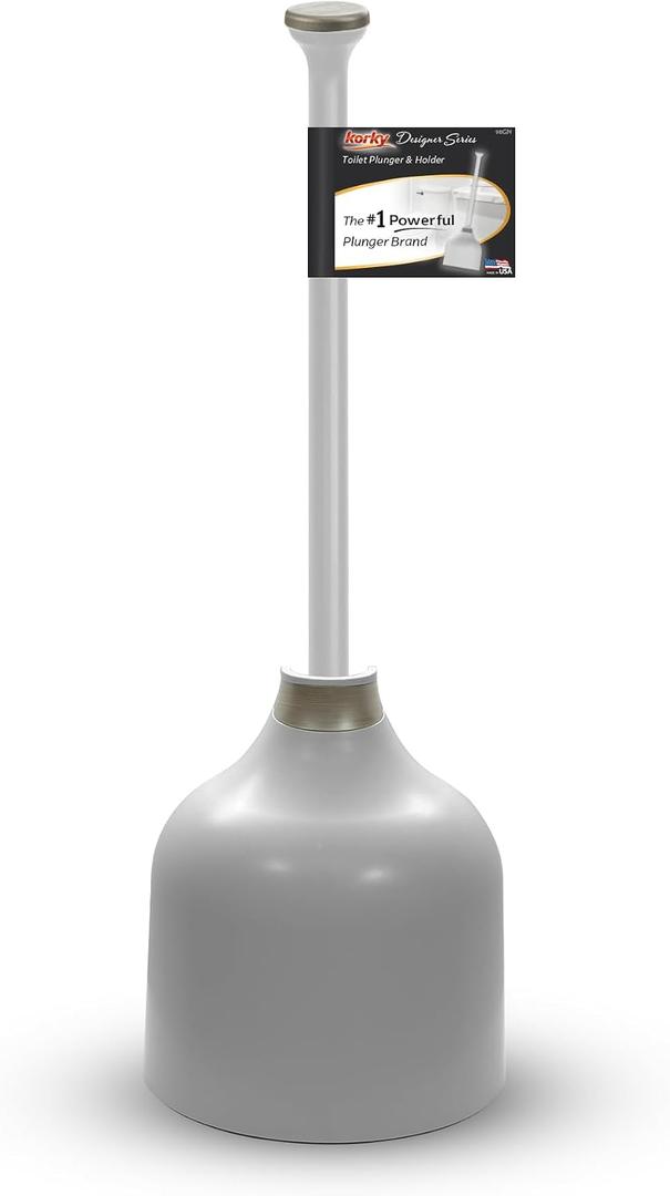 Korky Gray Toilet Plunger and Holder – Heavy Duty Compact Design – Fast Clog Removal – Easy to Clean - Made in USA