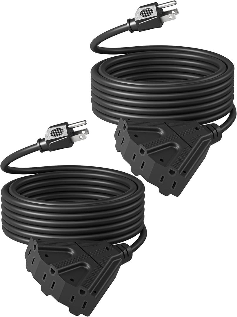 DEWENWILS 25FT Christmas Outdoor Extension Cord, 16/3 SJTW Tri-Tap Power Cable, Weatherproof, Heavy Duty Extension Cord for Holiday Decoration and Landscaping Lights, ETL Listed, Black, 2 Pack