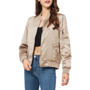 Satin Bomber Jacket Women Casual Fall Varsity Jackets Zip Up Outerwear Windbreaker with Pockets (X-Large, Champagne)