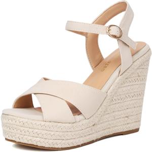 Espadrille Wedge Sandals for Women, Women's Platform Wedge Heels, High Heel Summer Wedges for Women with Breathable Knitted Textile Upper Open Toe Ankle Strap (8, Milk White)