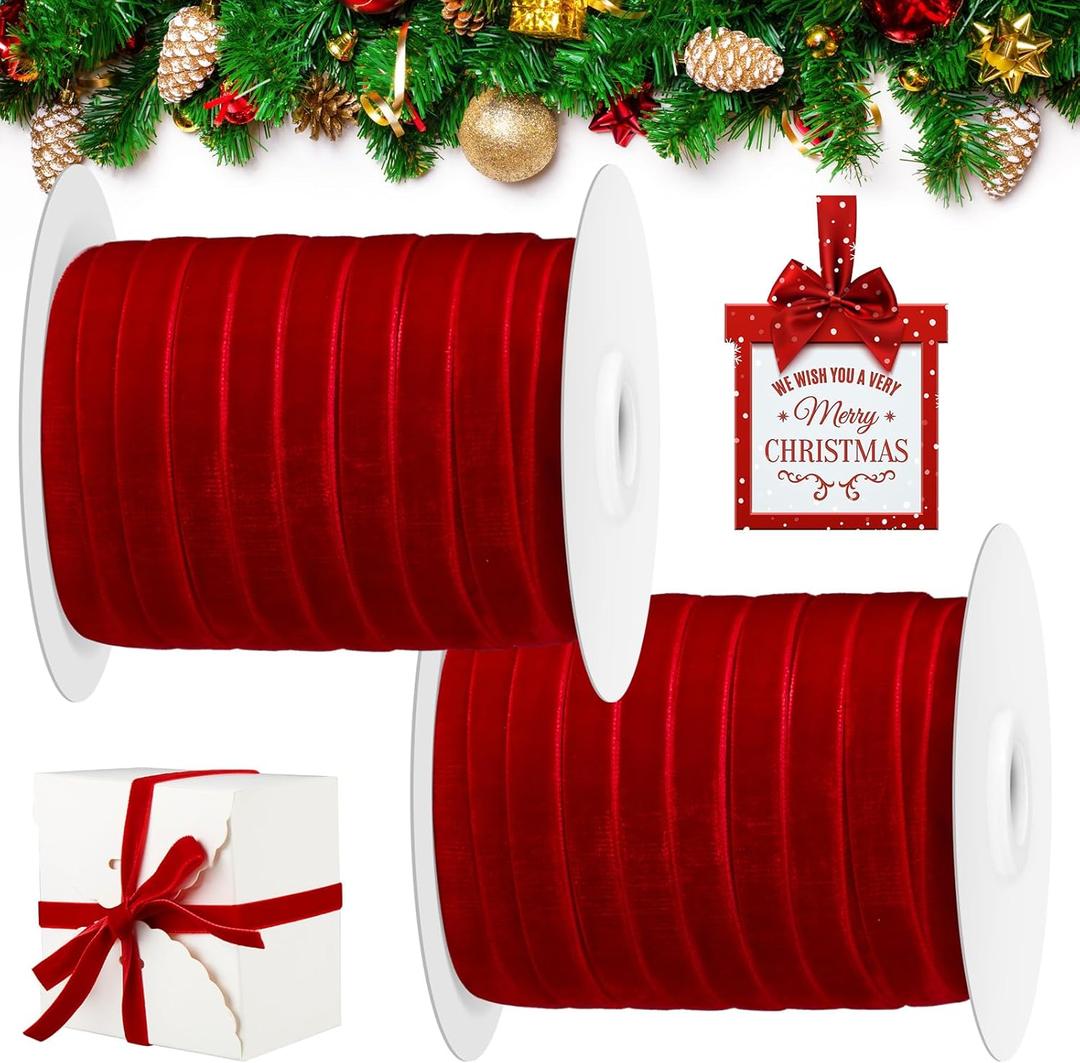 Cindeer 100 Yards Christmas Velvet Ribbon Christmas Ornaments Satin Vintage Trim Velvet Ribbon Roll for Gift Wrapping Hair Bow Clip DIY Crafts Party Wedding Decor(5/8 Inch,Red)