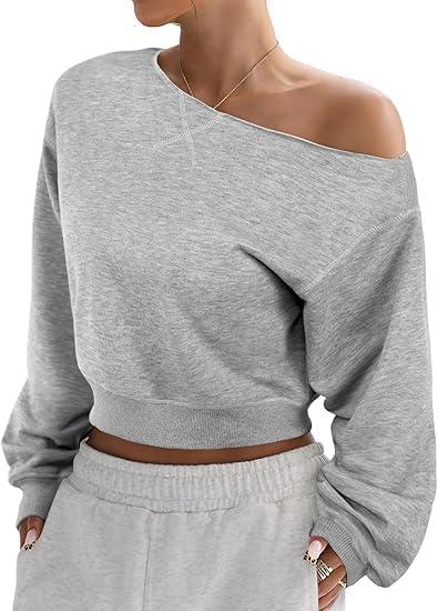 SOFIA'S CHOICE Women Off the Shoulder Sweatshirt Crop Top Long Sleeve Cropped Pullover Lightweight Loose Fit Fall Tops (Gray, XL)