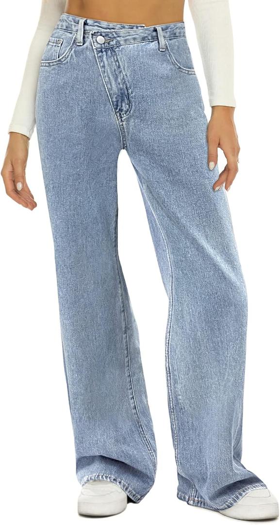 HDLTE Women Wide Leg Jeans High Waist Baggy Jean Loose Boyfriend Jeans Denim Pants Y2K, M