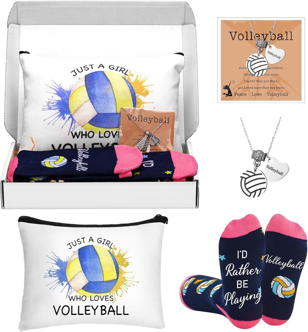 5 Pcs Volleyball Gifts Set for Women Volleyball Party Favors Stuff Includes Makeup Bag Necklace Earrings Socks Inspirational Sport Birthday Gifts for Team Players Sports Lovers