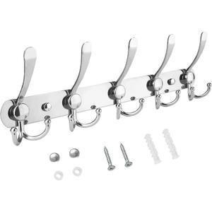 TICONN Wall Mounted Coat Rack, Five Heavy Duty Tri Hooks All Metal Construction for Jacket Coat Hat in Mudroom Entryway (Chrome, 1-Pack)