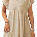 Acelitt Women's Summer Dresses 2026 Beach Casual Deep V Neck Loose Sundress Short Sleeve Mini Dress with Pockets(Size Down) (Large, Parchment)