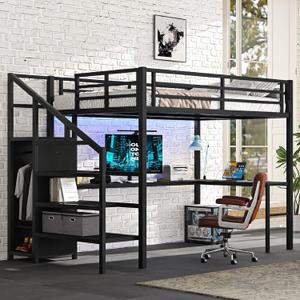 Bellemave Full Size Metal Loft Bed with L Shaped Desk and Wardrobe, Heavy Duty Loft Bed Frame with Storage Stairs, LED Loft Bed Frame with Charging Station & Safety Guard, Space Saving Loft Bed, Black