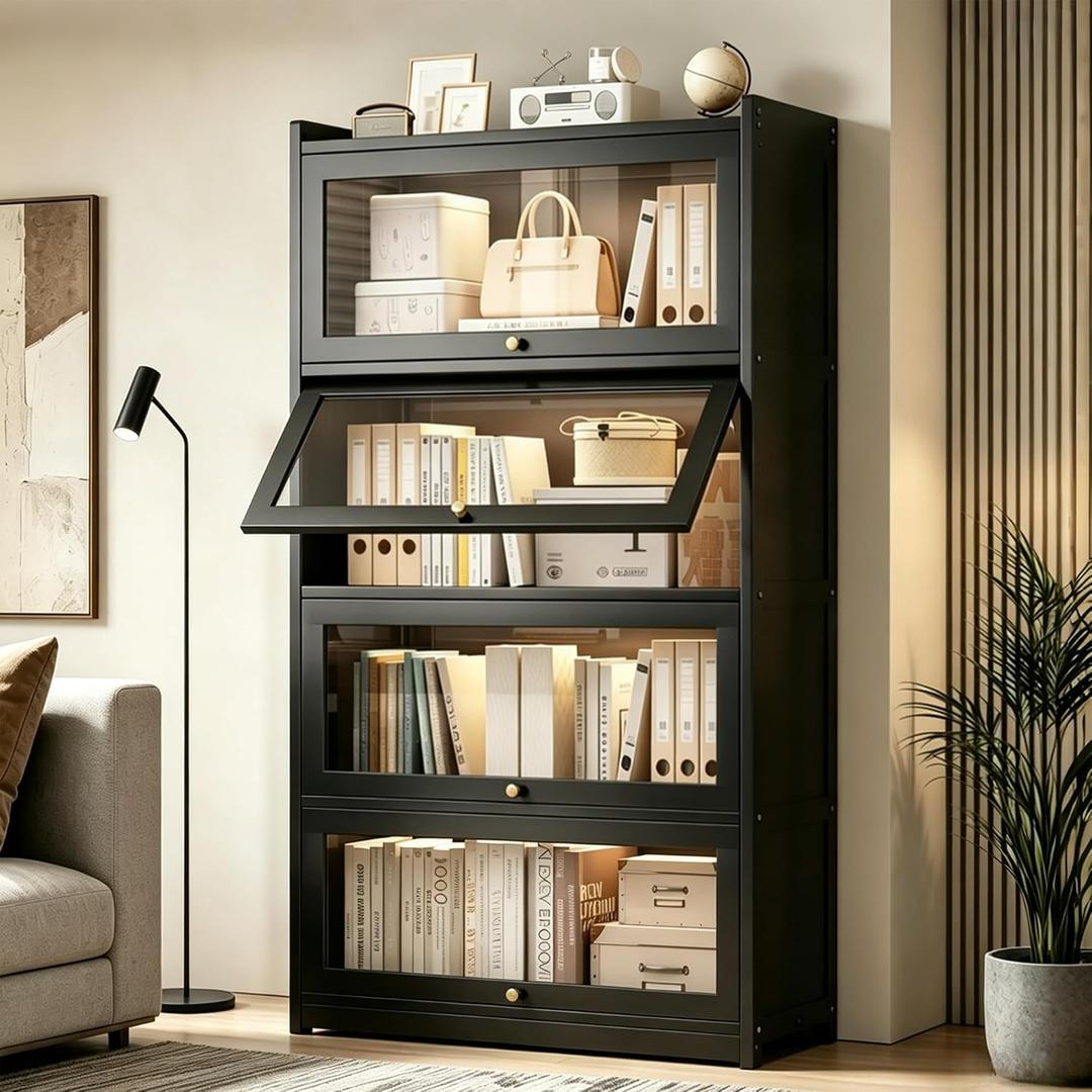 55" Bamboo Bookcases,Book Shelfs with Acrylic Doors,Freestanding Display Storage Shelves for Collectibles,4 Tier Tall Bookshelfs & Bookcases for Living Room Bedroom Home Office, 12.2"D x 27.16"W x 55"H