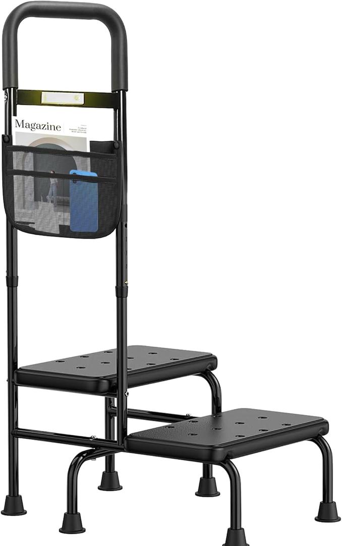 Step Stool with Handle  2 Step Foot Stool for Adults, Non-Skid Bed Steps for High Beds, Adjustable Handrail with Night Light & Storage Bag, Safe Step Stool for Seniors & Elderly
