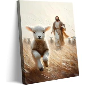 SZV Jesus and Lamb Canvas Wall Art Jesus Running After Lost Lamb Wall Decor Picture Christian God Home Decoration 12x16in (16L" x 12W")
