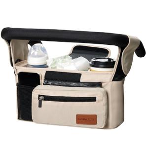 Momcozy Universal Baby Stroller Organizer, 2 Insulated Cup Holder, Detachable Zippered Pocket, Adjustable Shoulder Strap, Large Capacity for Baby Essentials, Compact Design Fits Any Strollers (Off White)