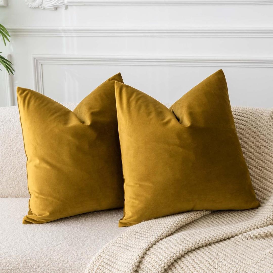 JUSPURBET Couch Pillow Covers Set of 2 Decorative 22x22 Velvet Throw Pillow Covers Cases for Living Room Bedroom Home Decor Soft Cushion Covers Cases with Hidden Zipper for Sofa Bed, Mustard Yellow