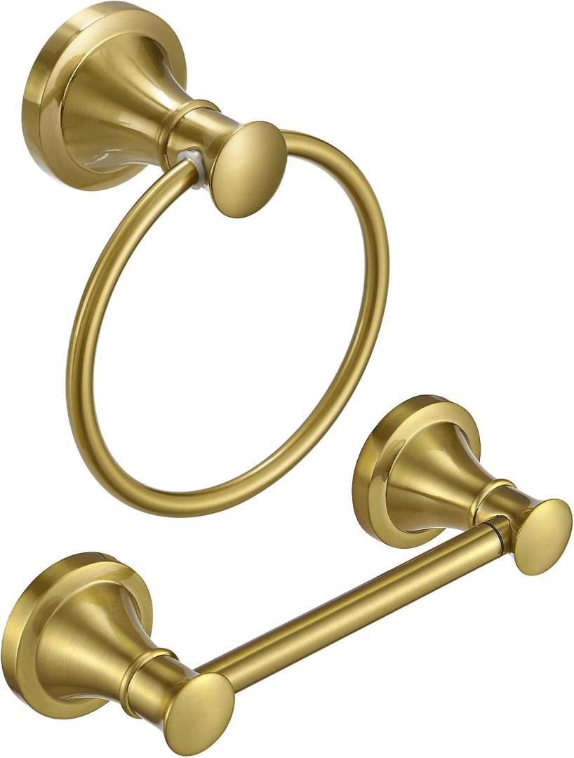 RUMOSE Toilet Paper Holder and Hand Towel Ring Brushed Gold Wall Mount Bathroom Hardware Accessories 2 PCS Set Flexible Pivoting Toilet Tissue Roll Holder and Towel Hanger, Stainless Steel