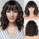 MISSQUEEN Black Mixed Brown Wigs Short Wavy Curly Wig with Bangs Shoulder Length Synthetic Hair Wigs Heat Resistant Fiber Wig for Daily Party (Black Mixed Brown)