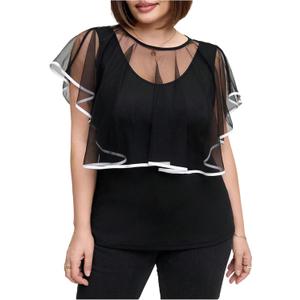 MakeMeChic Women's Plus Size Blouse Mesh Sheer Crew Neck Short Sleeve Slim Fit Y2k Summer Top (XX-Large Plus, Black and White)