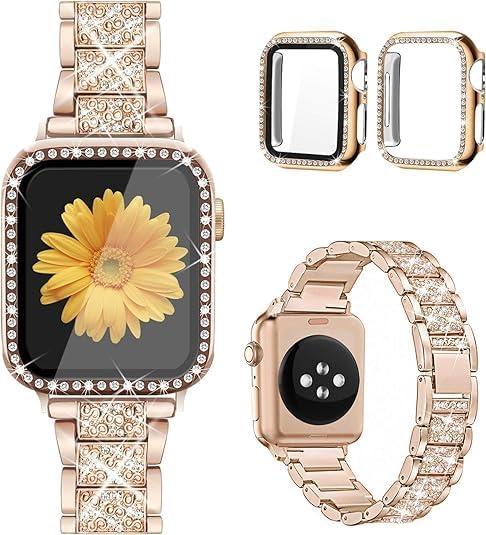 Mesime Compatible for Apple Watch Band with Screen Protector Case, Jewelry Replacement Bands 46mm 45mm 44mm 42mm 41mm 40 mm 38mm 2 Pack Protective Cover for iWatch Series 10/9/8/7/6/5/4/3/2/1/SE Women (46mm(Series 10), Rose Gold)