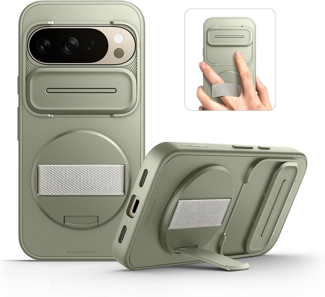 SURITCH for Google Pixel 10/10 Pro Case with 360 Rotatable Hand Strap Phone Grip Holder & Invisible Kickstand & Slide Camera Cover, Protective Cover for Pixel 10/10 Pro -Green