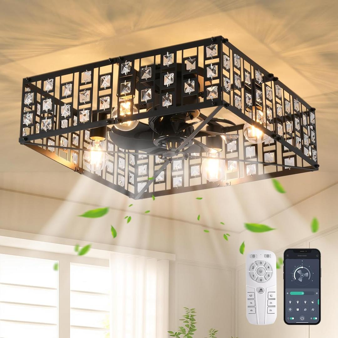 Garwarm Caged Ceiling Fan with Light,19.6"" Black Crystal Fandelier Ceiling Fan with LightBladeless Industrial Ceiling Fan for Bedroom, Living Room, Dining Room(6-Speed, Timing), Square Shape