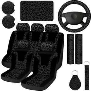 13 Pcs Leopard Print Car Accessories Set, Includes Leopard Seat Covers Set Leopard Steering Wheel Cover Coasters Armrest Pad Cover Seat Belt Pads Keychain and Wrist Strap for Decor (Black)