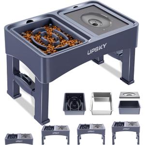 UPSKY 3-in-1 Elevated Dog Bowls Slow Feeder, Adjustable Stand, Stainless Steel Food & No Spill Pet Water Bowl for Small Medium Dogs, Blue