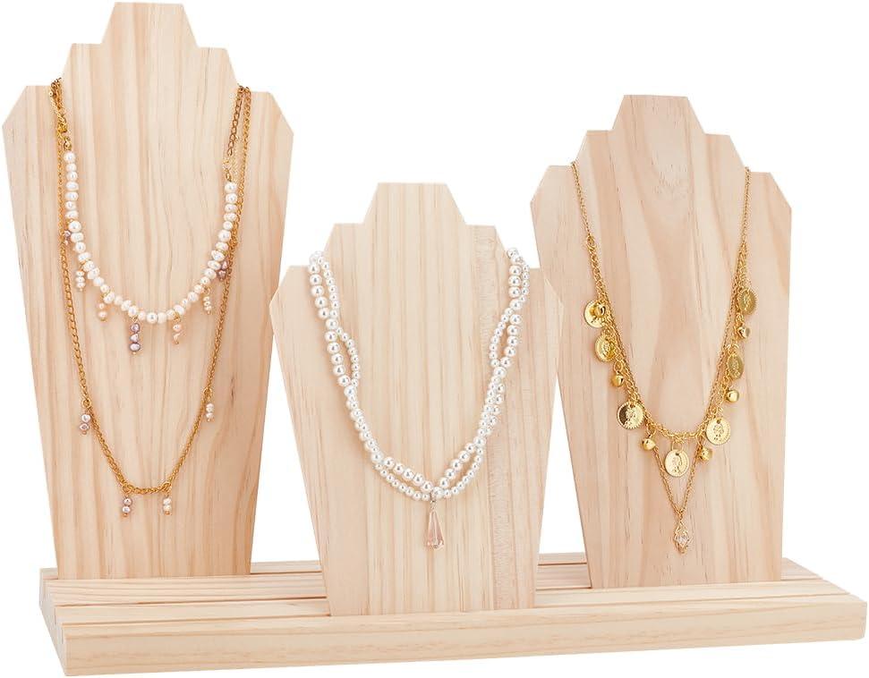 PH PandaHall Wood Necklace Display Stands with 3-Row Holder and 3 Removable Displays Wood Plank Necklace Storage Holder Bust Easel Jewelry Display for Necklaces, Rings Storage, Blanched Almond