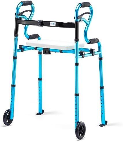 Health Line Massage Products 4 in 1 Folding Walker with Detachable Seat, Width Adjustable Folding Walkers with 5” Wheels and Extra 2 Skis, Compact Adults Walker for Seniors Support Up to 350lbs