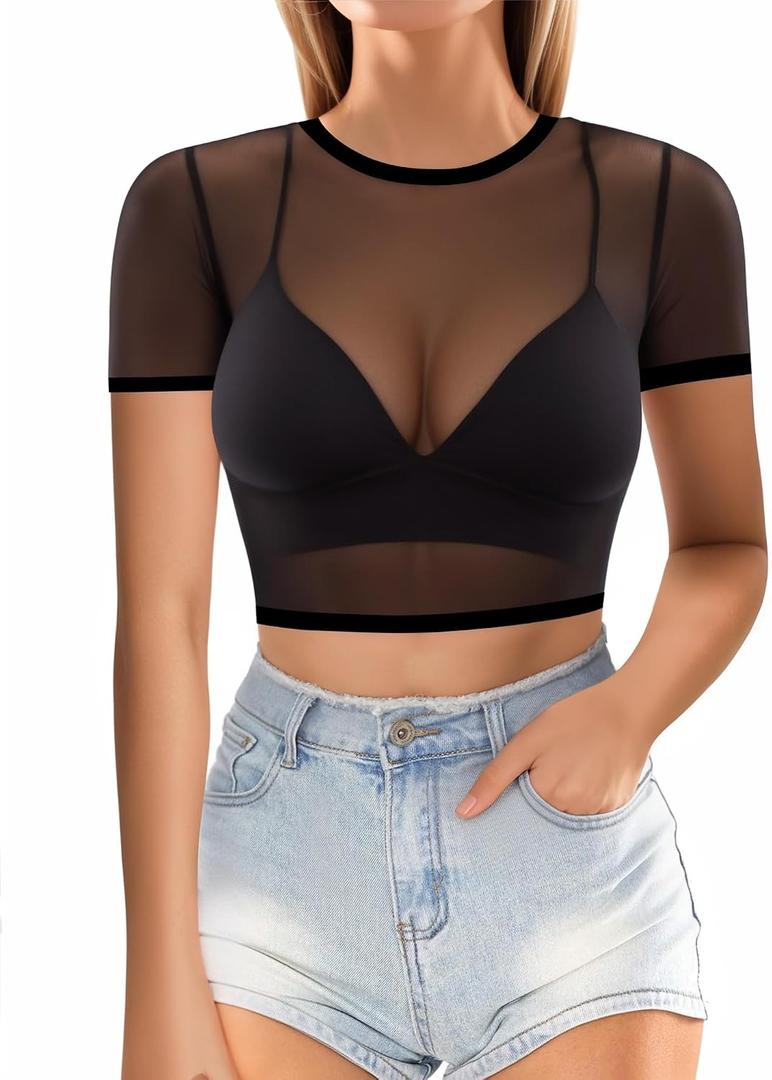 MANGOPOP Women's Short Sleeve Long Sleeve Sheer Mesh Crop Tops Tee Shirt Blouse (XL)