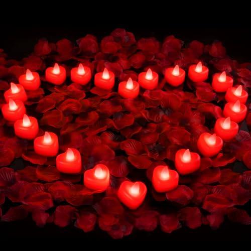 Amagic 4000 Pieces Red Artificial Rose Petals with 50 Red Heart LED Tea Lights, Rose Petals and Candles Set for Proposal, Anniversary, Romantic Night, Wedding Decor