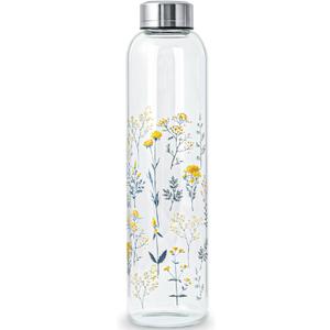 Clear Water Bottle 32 oz BPA Free Glass Drinking Bottle for Juice with Stainless Steel Lid and Neoprene Sleeve (32 ounce, Scattered Flowers)