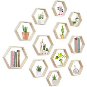 12 Pcs Wooden Hexagon Shelves, 3 Size Versatile Honeycomb Shelves Hexagon Floating Shelves for Wall Wedding Table Centerpieces Home Living Room Bedroom (11inch, 9.7inch, 8.5inch)