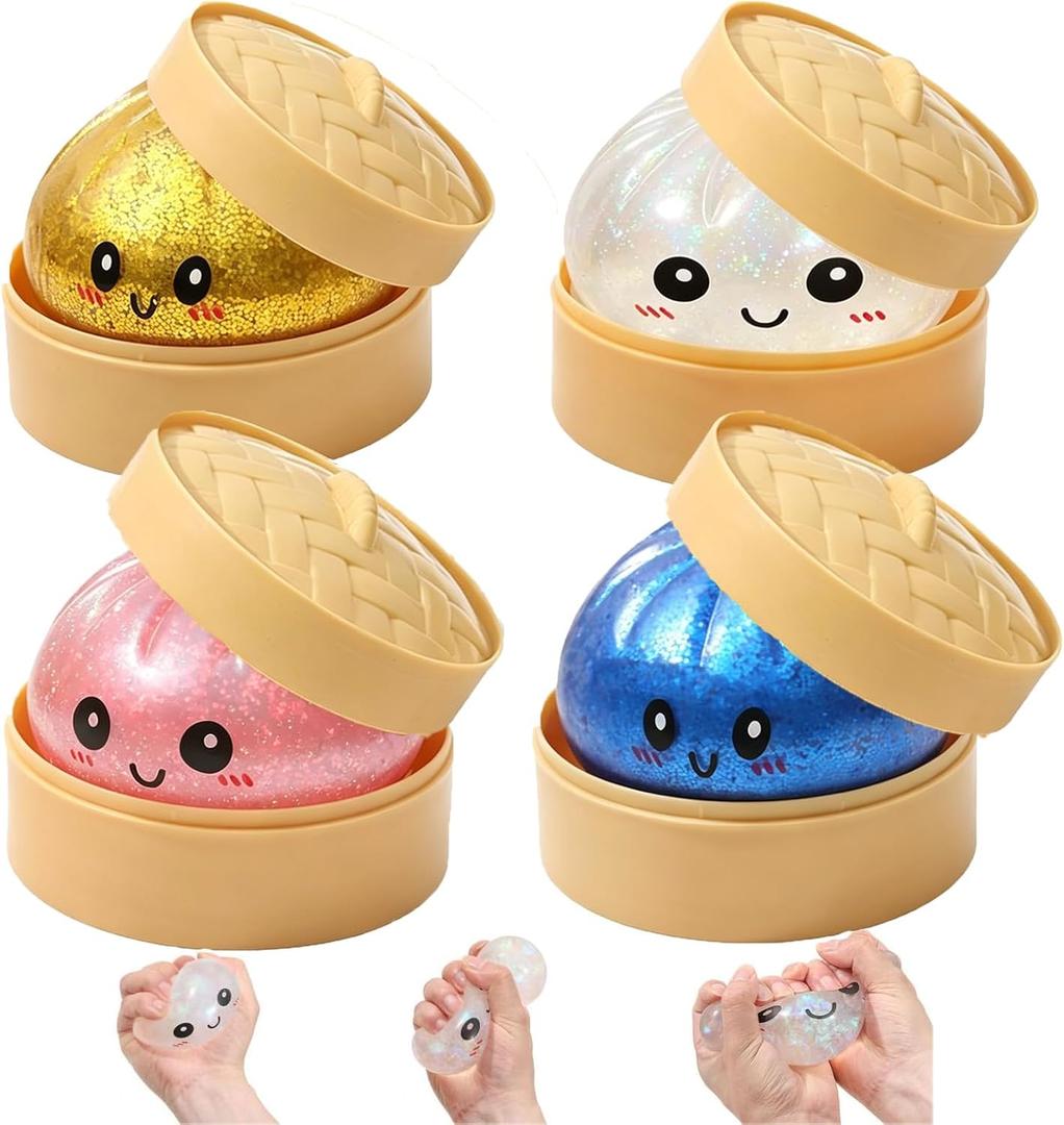 4PCS Dumpling Squishies, Giant Glitter Dumpling BoxStocking Stuffers with Food Steamer Stretchy Desk Toy