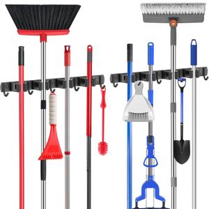 nacena Broom holder Wall Mount, 2-Pack Black Stainless Steel Self-Adhesive Mop and Broom Hooks Heavy Duty Broom and Mop Storage Rack laundry room organization for Kitchen Garden garage