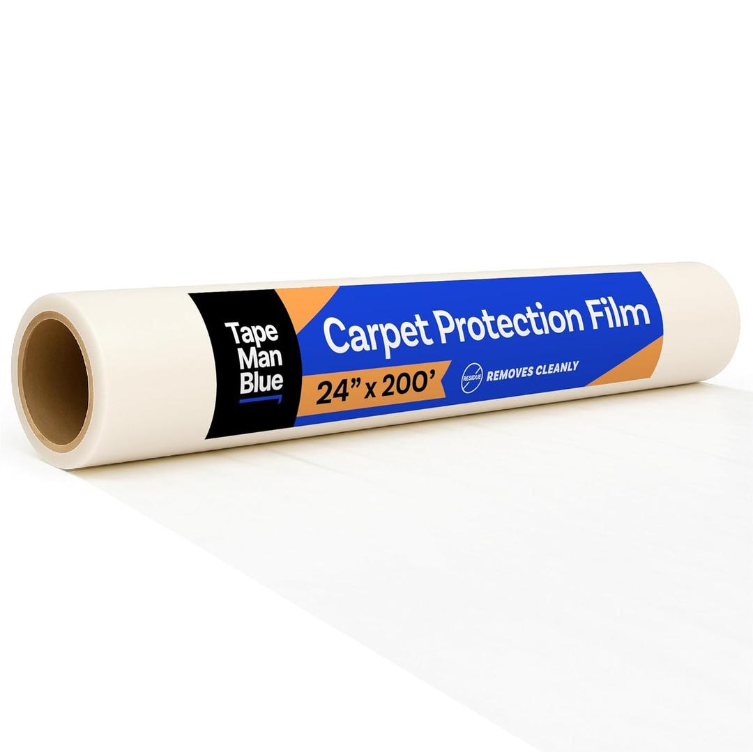 TapeManBlue Carpet Protection Film 24" x 200' roll. Made in The USA. Easy Unwind, Clean Removal, Strong and Durable Plastic Carpet Protector. Clear, Self-Adhesive Surface Protective Film TapeManBlue Carpet Protection Film 24" x 200' roll. Made in The USA. Easy Unwind, Clean Removal, Strong and Durable Plastic Carpet Protector. Clear, Self-Adhesive Surface Protective Film