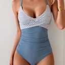 B2prity Women's One Piece Swimsuits Tummy Control Front Cross Bathing Suits Tie Back Slimming V Neck Swimwear (Blue, M)