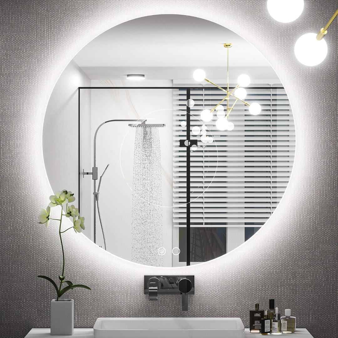 Keonjinn 28 Inch Round LED Mirror Backlit, Round Bathroom Mirror with Lights, 3 Color Temperature, UL Listed LED Driver, HD Tempered Glass, Dimmable Defogging, Circle Lighted Vanity Mirrors for Wall